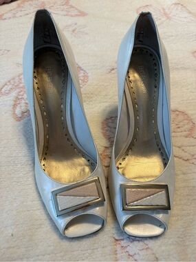 BCBGeneration White Peep-Toe Pumps with Metallic Accent